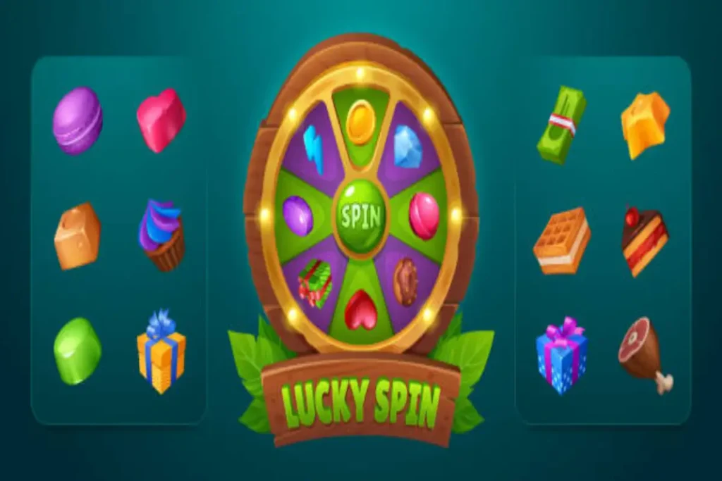 Illustration of lucky spin wheel with icons such as candies, cake, and gifts