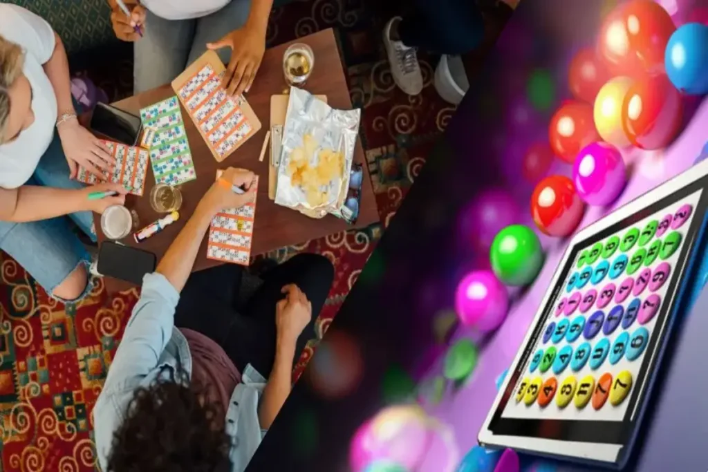 People playing bingo around a table with drinks and snacks, combined with a vibrant background of colorful bingo balls and a digital tablet screen
