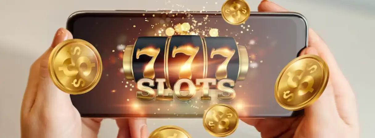 Hands holding a phone displaying a digital slot machine